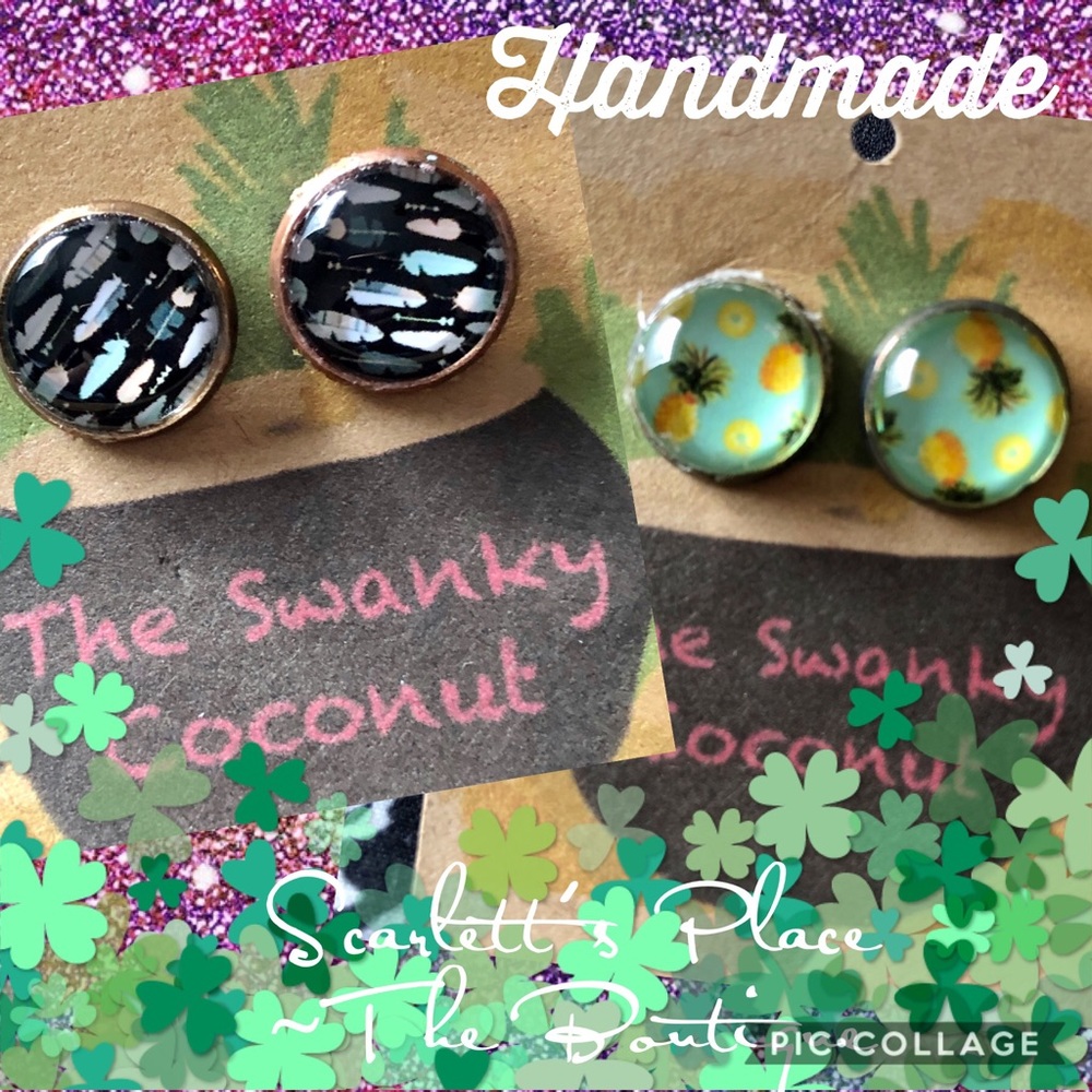 Handmade Pineapple and Feathers Stud Earrings